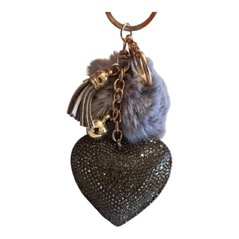Bag Charm Grey Key Charm Plush Rhinestone Decorated Heart Shaped & Pom Pom